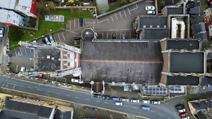 Aerial drone view of cars moving on the streets near the St Anne