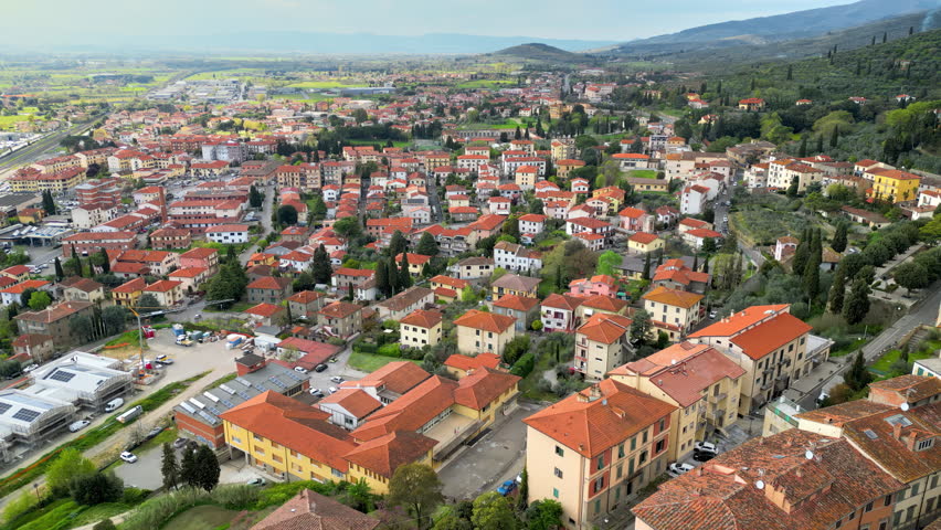 Aerial drone view of the Castiglion Fiorentino small, walled city in eastern Tuscany, Italy
