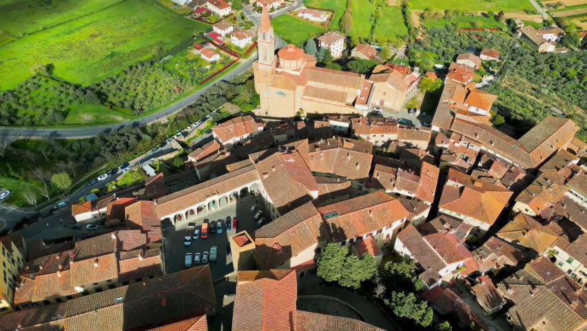 Aerial drone view of the Castiglion Fiorentino small, walled city in eastern Tuscany, Italy
