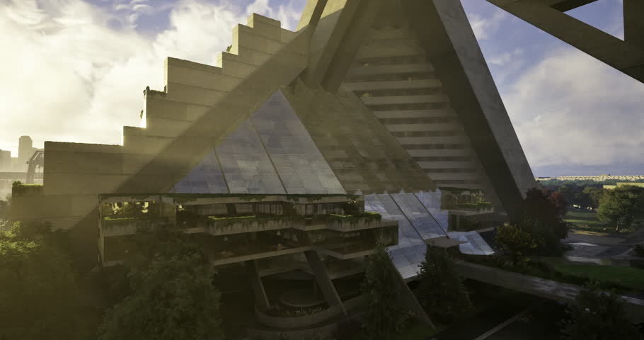 A striking building with angular features and glass elements stands prominently in an urban landscape. Lush greenery surrounds the structure, reflecting a blend of nature and modernity.