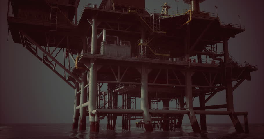 An oil rig looms above the tranquil ocean, showcasing its massive structure against the dusk sky. The calm waters reflect the rigs silhouette, highlighting its industrial strength.