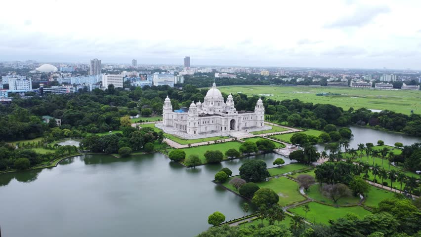 Aerial view of famous Victoria Memorial. Large marble building on Maidan in Kolkata. Victoria Memorial, Kolkata.