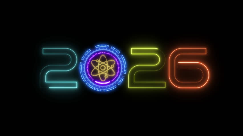 Year 2026 with a glowing, animated quantum computing icon. Represents the future of quantum technology, advanced computing, scientific innovation, futuristic digital, happy new year festival concepts.