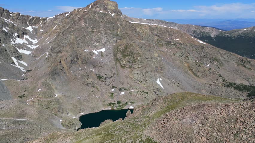 Morning daytime sunny blue sky summer Mount of the Holy Cross 14er peak wilderness Sawatch Range aerial drone Colorado Rocky Mountains Bowl of Tears lake Halo Ridge Notch Mountain circle left pan up