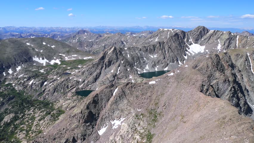 Morning Notch Mountain Halo Ridge view of Tuhare Constantine Lakes spring summer aerial drone Colorado Mount of the Holy Cross 14er Wilderness Sawatch Range Rocky Mountains landscape forward pan up
