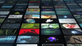 High-resolution digital wall displaying various themed thumbnails including technology, health, and news, arranged in a cinematic diagonal layout with dramatic lighting effects. - Powered by Shutterstock - Get 15% off with code: PIKWIZARD15