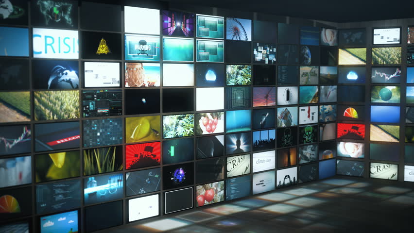 Massive curved wall of content-rich video tiles covering topics such as world news, cybersecurity, agriculture, climate crisis, digital alerts, and smart technology with a floor reflection - Powered by Shutterstock - Get 15% off with code: PIKWIZARD15