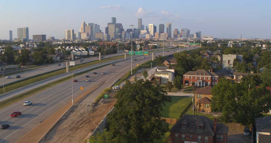 Wide Drone Shot of Houston Highway Interchange and Downtown