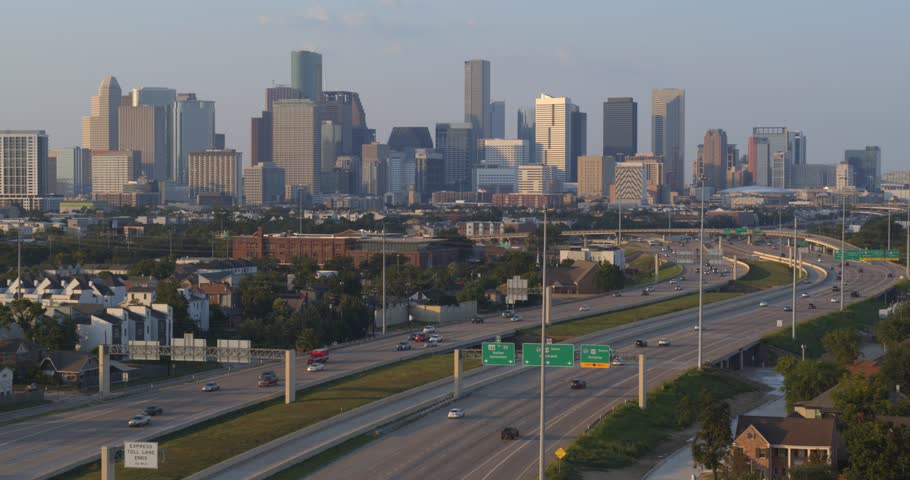 Aerial Drone Shot of Highway 288 with Downtown Houston Skyline