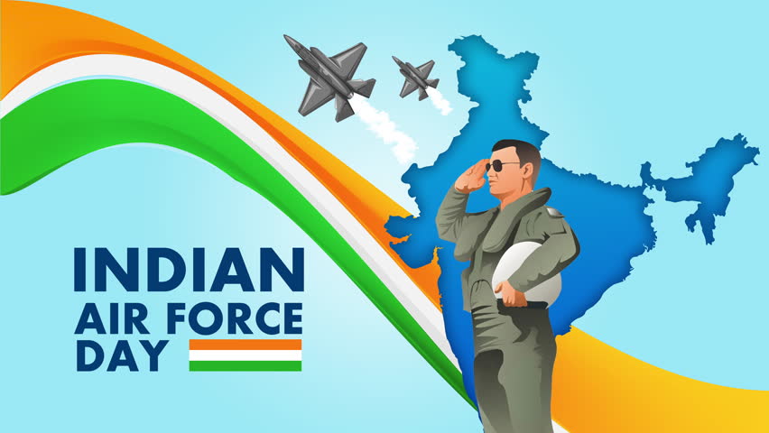 Animated Poster of Indian Air Force Day Celebrations on 8th October. A Captain in saluting pose. Motion Graphics of Planes and Tricolour Flag.