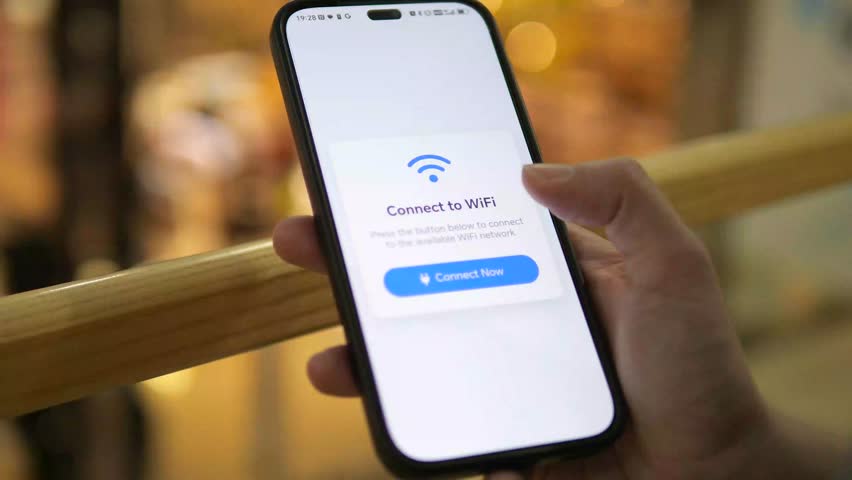 Hands use a phone to connect to public Wi-Fi, with loading screens and a success notification appearing. Perfect for tech tutorials, travel vlogs, or digital convenience themes. - Powered by Shutterstock - Get 15% off with code: PIKWIZARD15