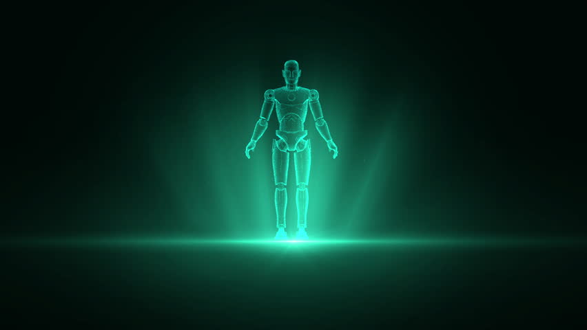 Futuristic Holographic Human Figure with Glowing Digital Aura in Dark Atmosphere