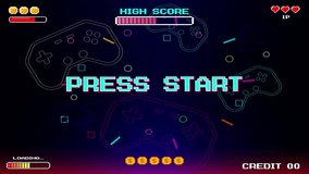 PRESS START. INSERT A COIN TO CONTINUE. pixel art. 8 bit game. retro game. for game assets .Retro Futurism Sci-Fi Background. glowing neon grid. and stars from vintage arcade computer games - Powered by Shutterstock - Get 15% off with code: PIKWIZARD15