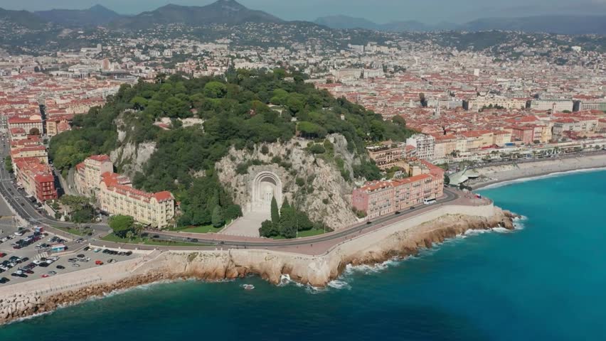 Panoramic view of Nice, France, aerial view of Nice resort in French Mediterranean sea, drone shot of Nice town in the south of France, Promenade des Anglais in Nice, classic buildings, Mediterranean 