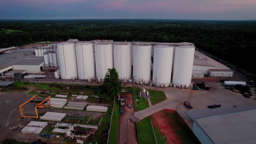 Modern manufacturing facility with multiple white storage silos, scale of industrial production and technology in the rural South Alabama