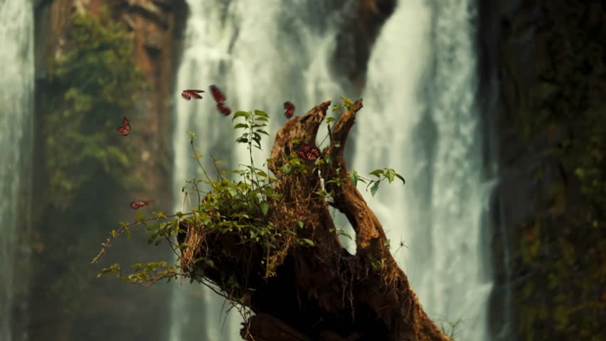 Monarch Butterflies Flying in Front of Waterfall in Tropical Jungle
