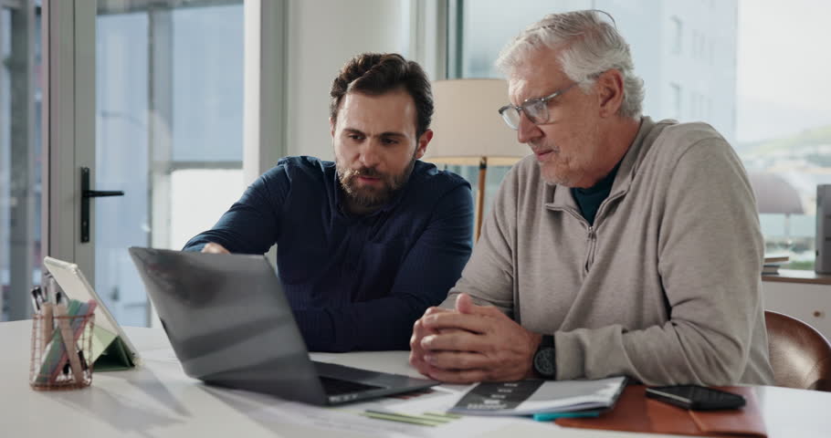 Business, laptop and men with teamwork, conversation and help with copywriting. People, journalist and employees with pc, ideas and feedback for newsletter, company website layout or online magazine