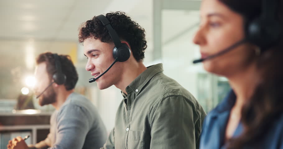 Agent, call center and people in office with headphone, lead generation and support for agency. Sales, collaboration and telemarketing with CRM, communication or help for consulting and online advice