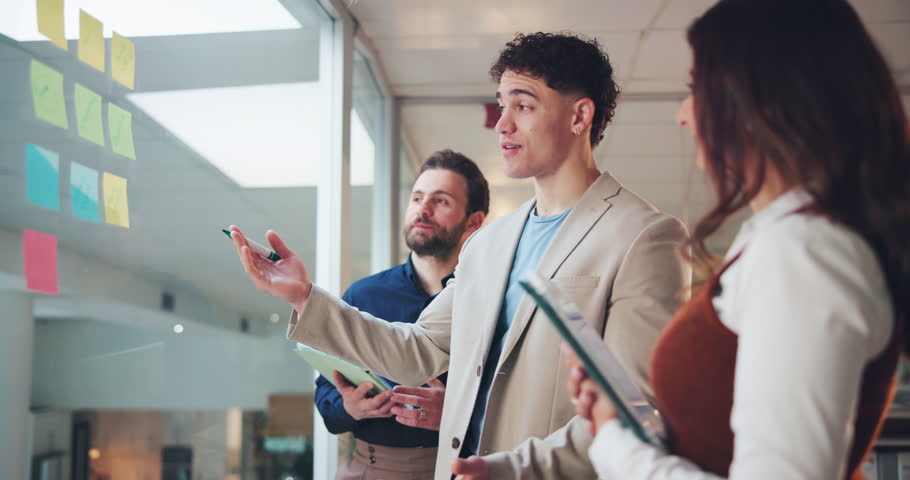 Team, business people and high five by glass for planning with tablet, success and sticky note for motivation. Meeting, agenda and strategy with tech for info with employees for support in office