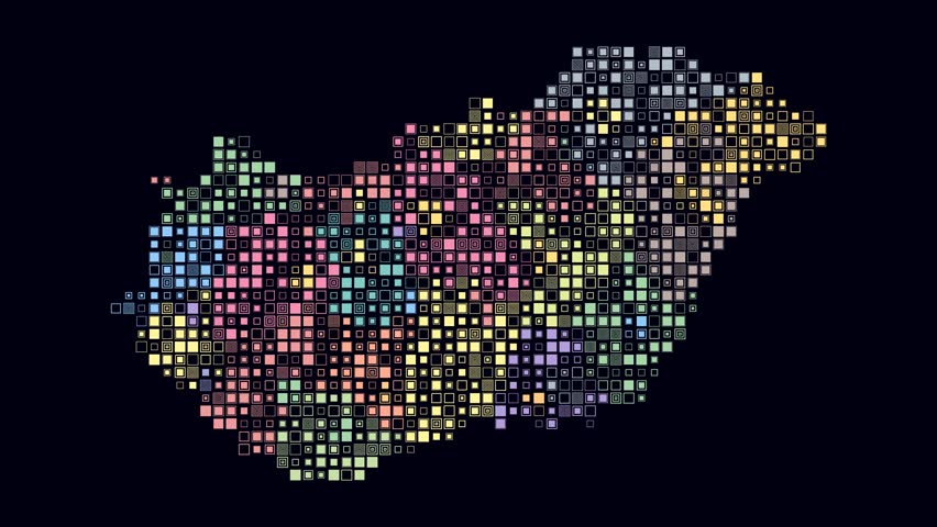 Hungary map animation. Shape of the country with pulsating colored dots. Small size square blocks. Digital style Hungary map on dark background. Trending video.
