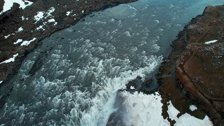 Aerial view of Dettifoss waterfall, the most powerful waterfall in Europe, located in Iceland