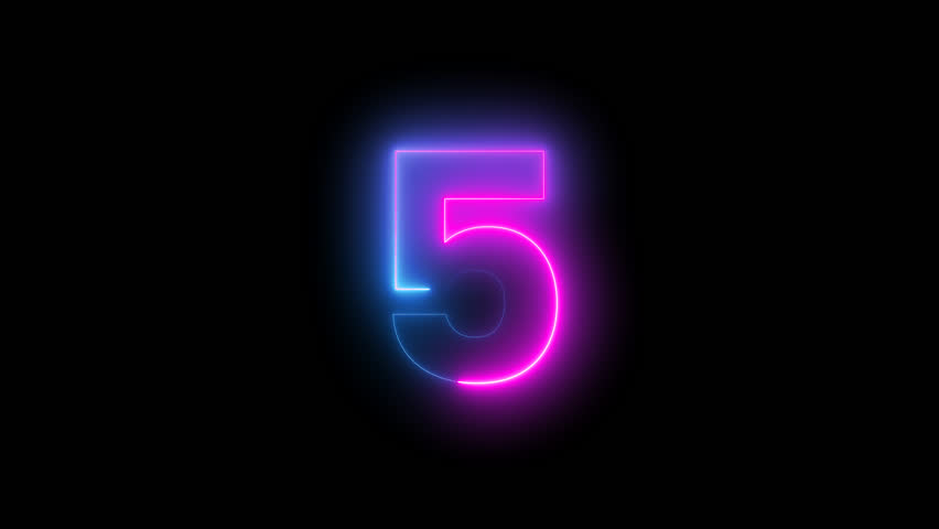 Five to zero countdown blue pink glow neon animation running animated numbers 5-0, 5 to 0 second modern digital countdown timer neon light style on black background.