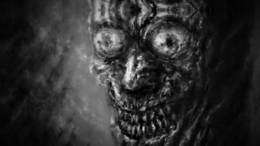 Scary flickering monsters in the dark. 4k horror animation. Effects of noise and damaged TV. Black and white background.