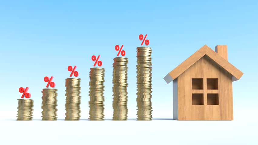 Stack of coins with interest rate and house, Property investment and rising interest rate