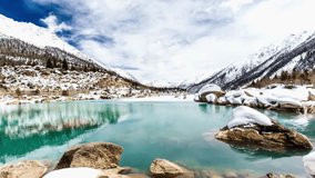A breathtaking time-lapse captures clouds moving over a majestic, snow-covered mountain valley. A serene, vibrant turquoise lake perfectly reflects the stunning winter landscape. - Powered by Shutterstock - Get 15% off with code: PIKWIZARD15
