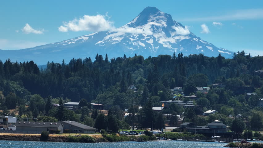 Aerial view of the Hood river town with Mount Hood background, summer in Oregon