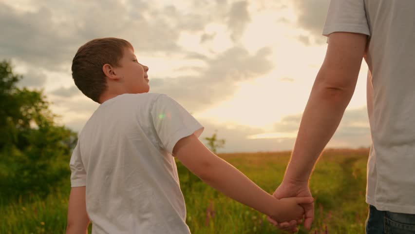 Little son, dad holding hands on walk in summer park. Father child son are walking together in nature. Happy family nature. Parent dad kid son, happy childhood. Family travel picnic, healthy lifestyle