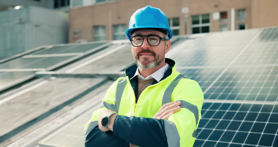 Face, solar engineer and happy man with arms crossed on roof in city for sustainable power. Smile, renewable energy and mature photovoltaic inspector with confidence, laugh and eco friendly portrait