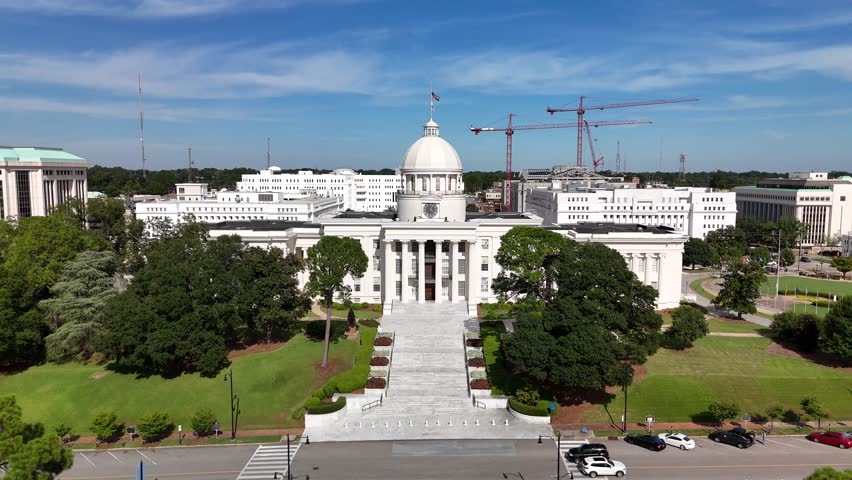Stunning 4K drone footage of Alabama State Capitol in Montgomery, showcasing its historic architecture. Perfect for history, travel, or political projects.