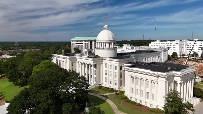Stunning 4K drone footage of Alabama State Capitol in Montgomery, showcasing its historic architecture. Perfect for history, travel, or political projects.