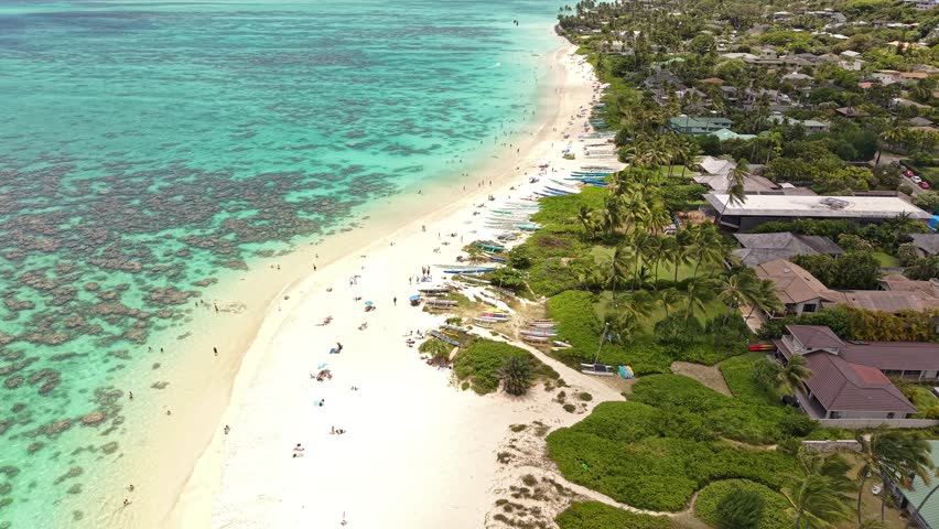 Aerial View of Lanikai Beach on Oahu Island, Hawaii USA. Sandy Shore and Beachfront Properties