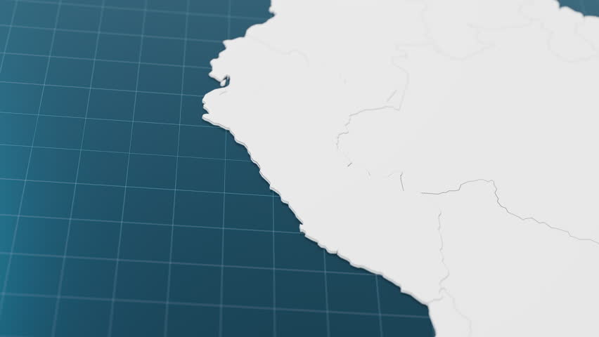 Blue Peru 3d map with pointer pin surrounded with other countries in white. Political map with borders animation. 3d render