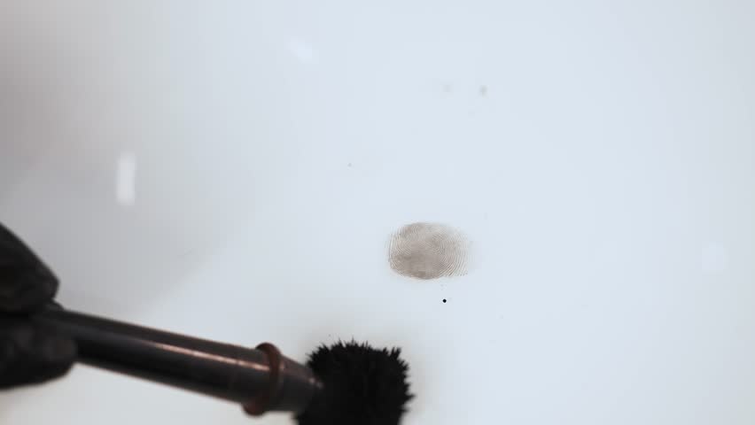 Forensic expert using a powder brush to develop a clear fingerprint on a smooth white surface during detailed indoor crime scene investigation.