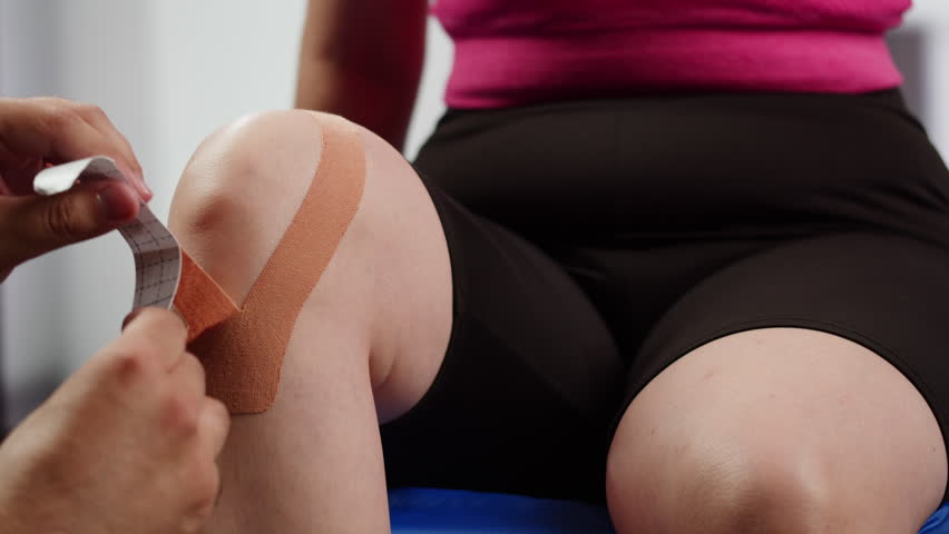 Kinesiology medical taping, doctor Physical therapist applying elastic surgical tape to patient body, treating injured knee young athlete.Post traumatic rehabilitation, sport physical therapy recovery
