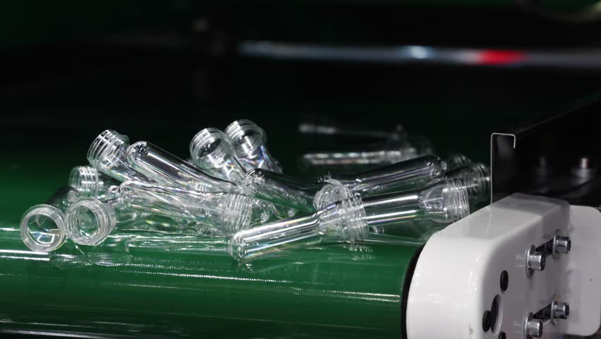 PET preforms. Making of Transparent PET plastic preforms move along automated conveyor belt in modern factory. Industrial production line concept for beverage bottles packaging automation recycling.