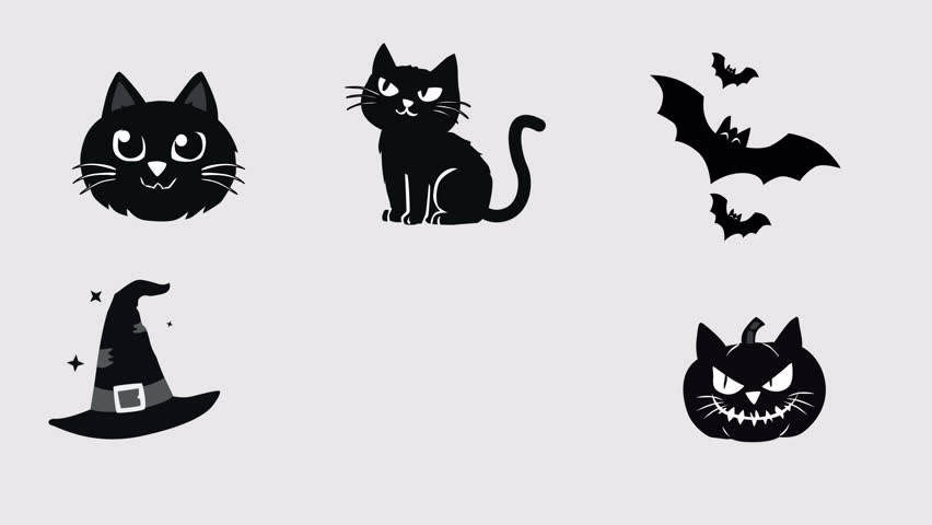 Halloween Black Cat, Pumpkin, Bat, Wizard Hat Animated Sticker Pack