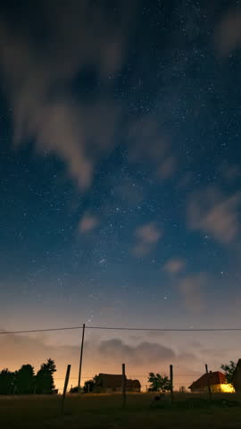 Milky Way star-trails and rural countryside silhouettes. Time-lapse video.