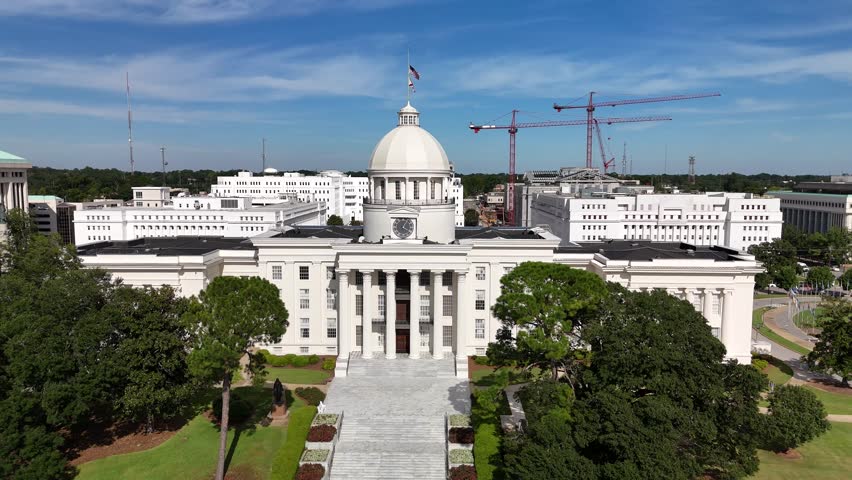 Stunning 4K drone footage of Alabama State Capitol in Montgomery, showcasing its historic architecture. Perfect for history, travel, or political projects.