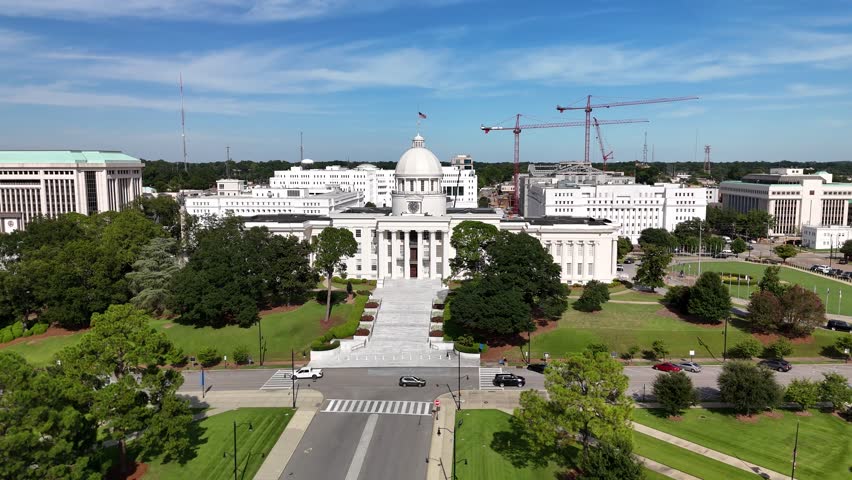 Stunning 4K drone footage of Alabama State Capitol in Montgomery, showcasing its historic architecture. Perfect for history, travel, or political projects.