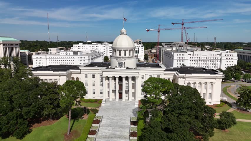 Stunning 4K drone footage of Alabama State Capitol in Montgomery, showcasing its historic architecture. Perfect for history, travel, or political projects.