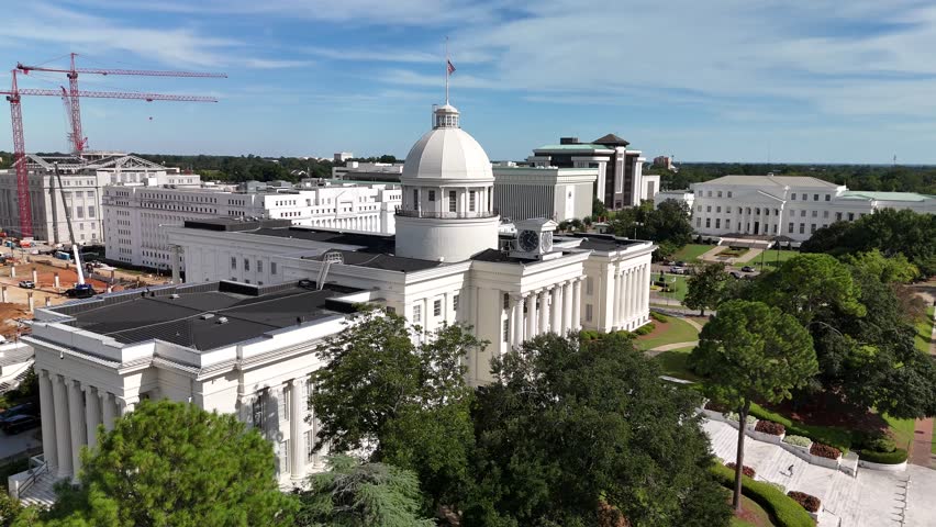 Stunning 4K drone footage of Alabama State Capitol in Montgomery, showcasing its historic architecture. Perfect for history, travel, or political projects.