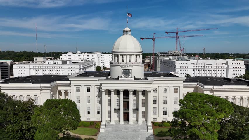 Stunning 4K drone footage of Alabama State Capitol in Montgomery, showcasing its historic architecture. Perfect for history, travel, or political projects.