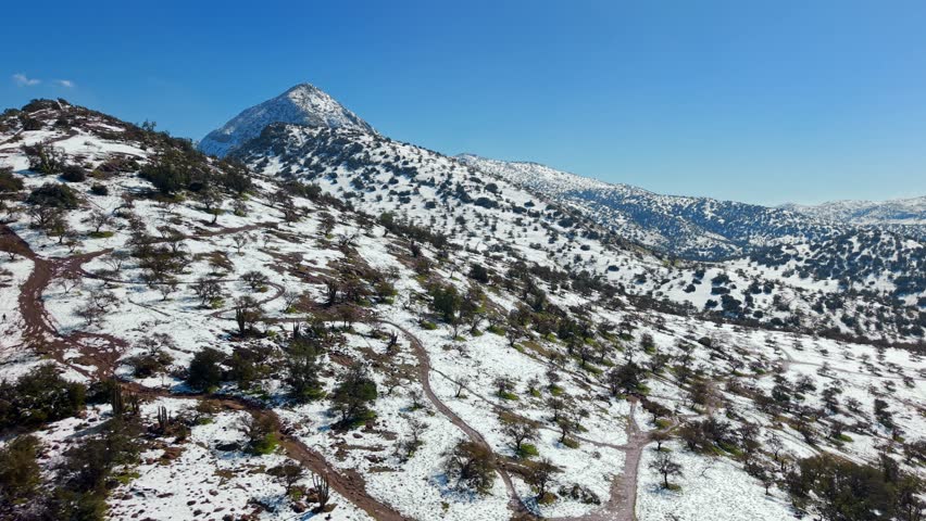 Aerial Landscape of Santiago de Chile Snowy Andean Mountain Hills, Natural environment of South America, Manquehue and Manquehuito peaks