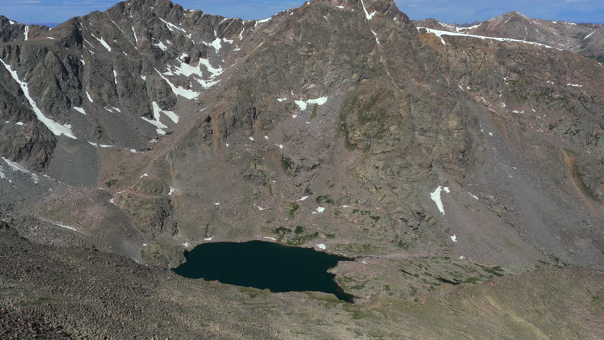 Late morning Mount of the Holy Cross 14er prominent peak wilderness landscape view aerial drone Colorado from North Mountain Shelter Halo Ridge Bowl Of Tears Alpine Lake Sawatch Range Rocky Mountains