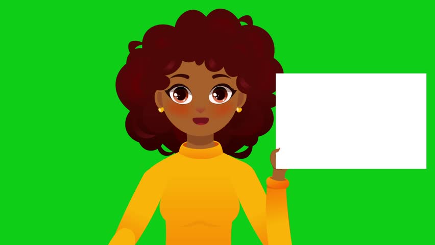 Afro girl with curly hair holding white sheet in hand. Anime woman mockup for advertising
