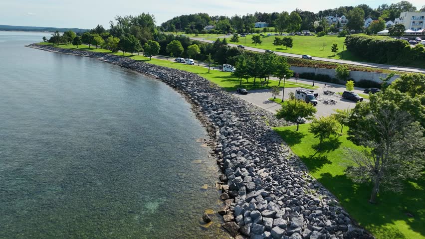Panning softly left Over Lake Michigan in a northern city, Petoskey.